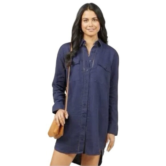 Outerknown Shirt Dress M Navy Linen Organic Cotton Button Front Long Sleeve